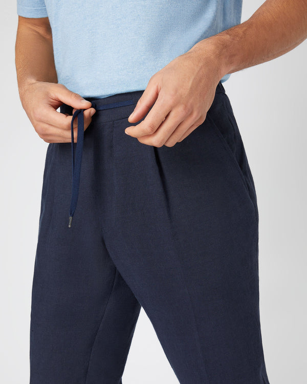 N.Peal Men's Sorrento Linen Drawstring Trouser Navy Blue