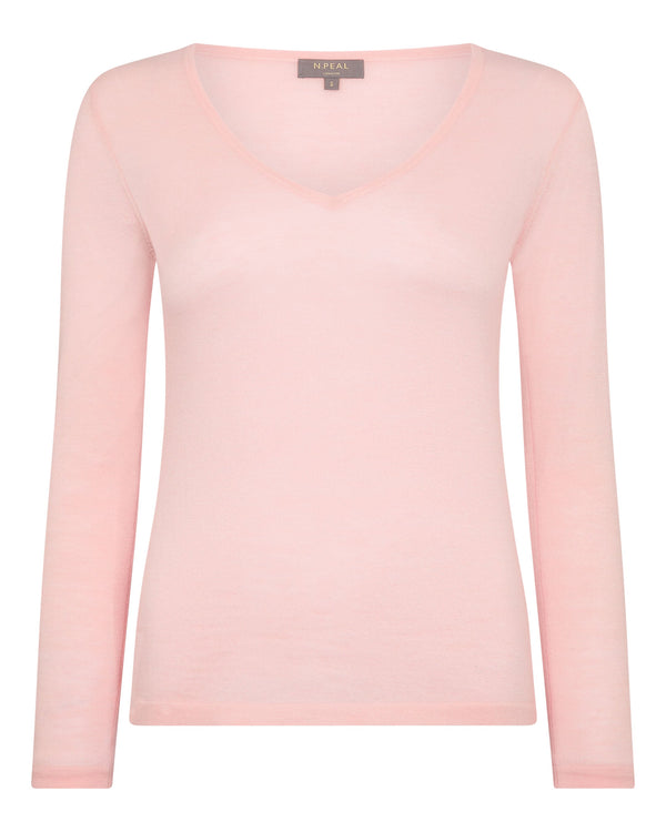 N.Peal Women's Imogen Superfine Cashmere V Neck Jumper Blush Pink