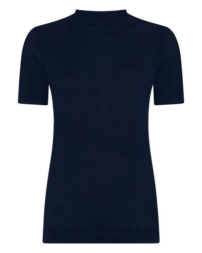 N.Peal Women's Rosie Superfine Cashmere Mock Neck T-Shirt Navy Blue