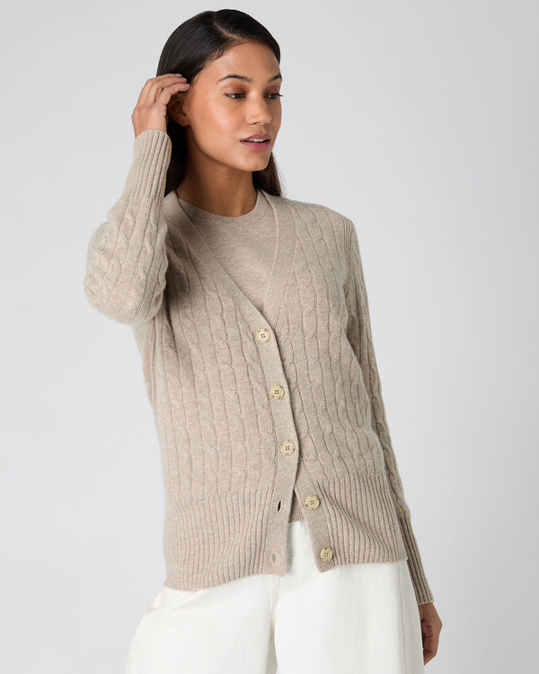 Women's Cable V Neck Cashmere Cardigan Oatmeal Brown