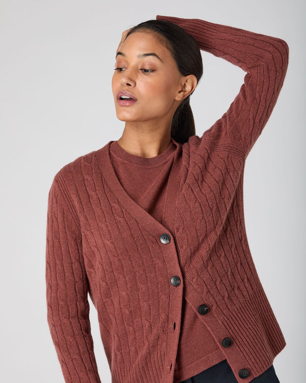 N.Peal Women's Clara Cable V Neck Cashmere Cardigan Terracotta Brown