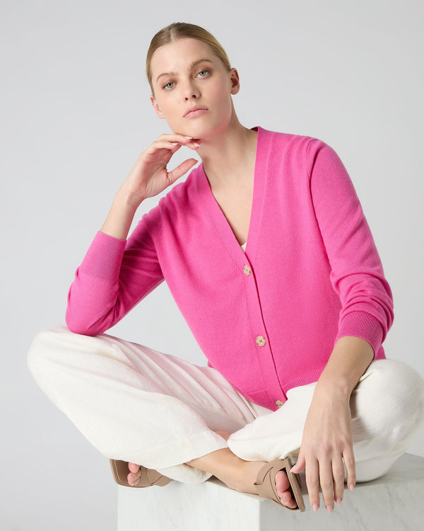N.Peal Women's V Neck Relaxed Cashmere Cardigan Vibrant Pink