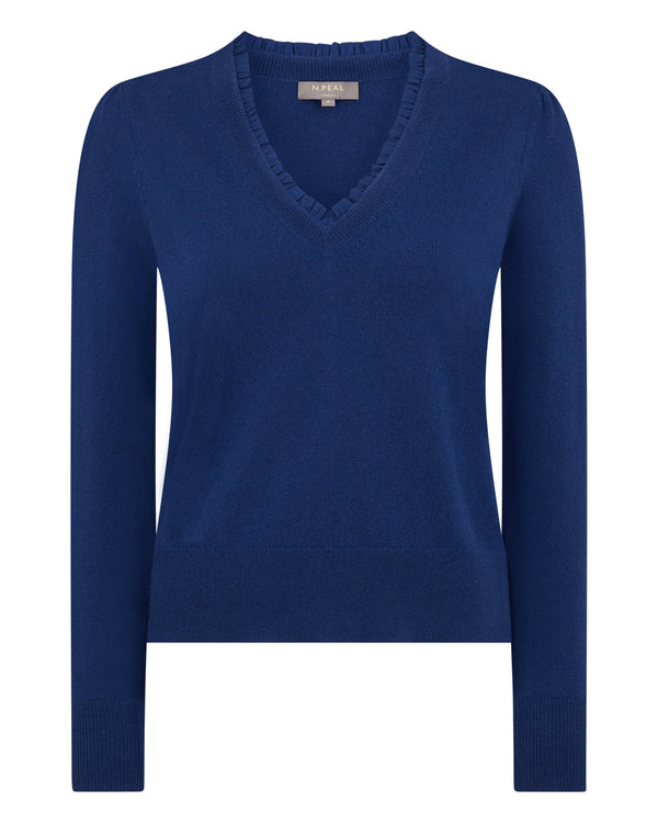 N.Peal Women's Ruffle Trim V Neck Cashmere Jumper French Blue
