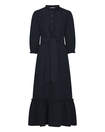 N.Peal Women's Iris Ruffle Linen Dress Navy Blue